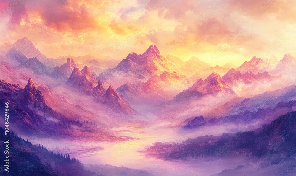 Poster a mountain range with a river running through it