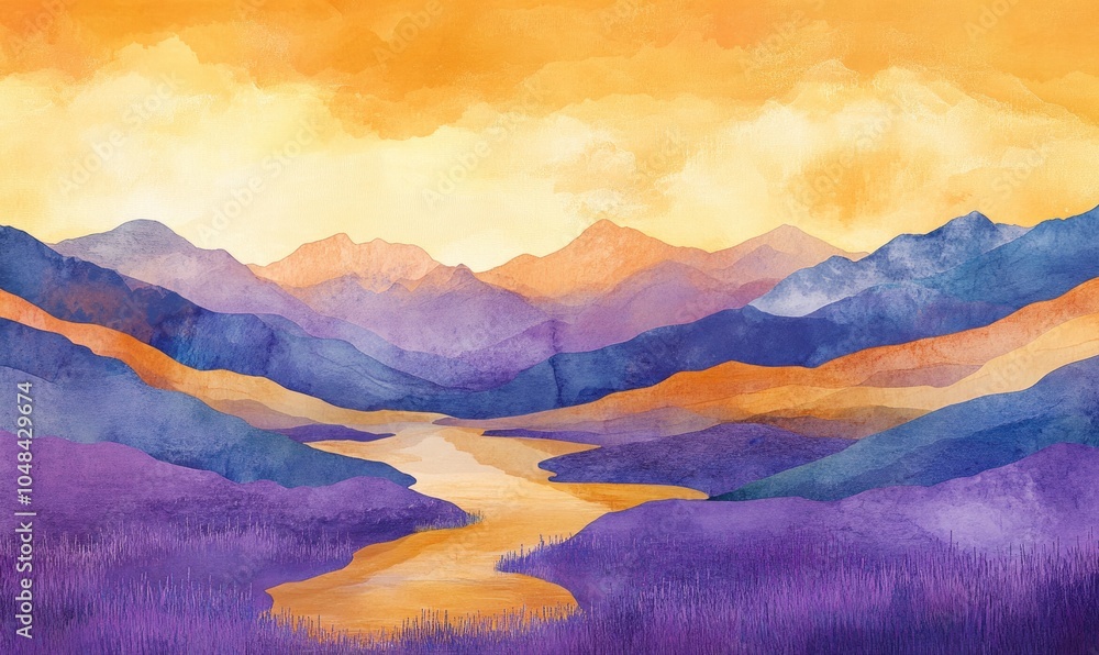 Poster a painting of a mountain range with a river running through it