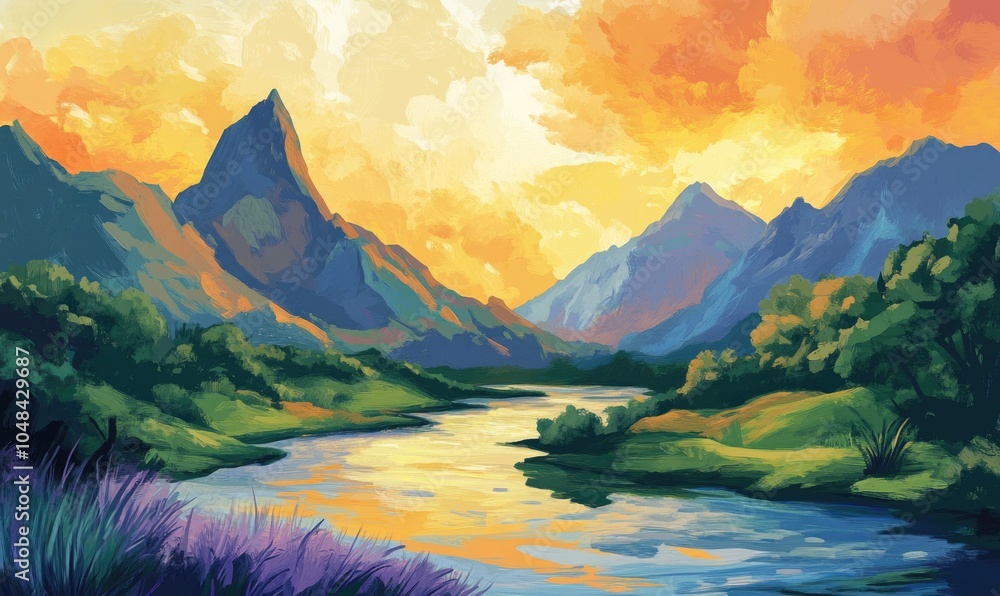 Poster a painting of a mountain range with a river running through it
