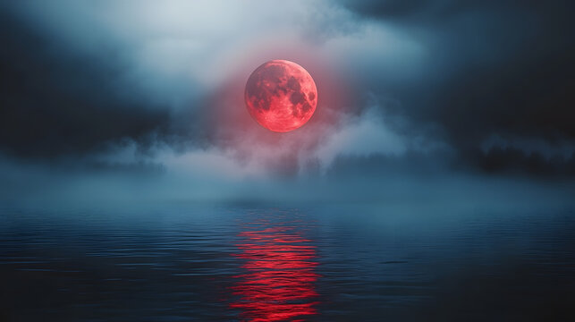 a painting of a red moon rising over a body of water in front of a dark, foggy sky.