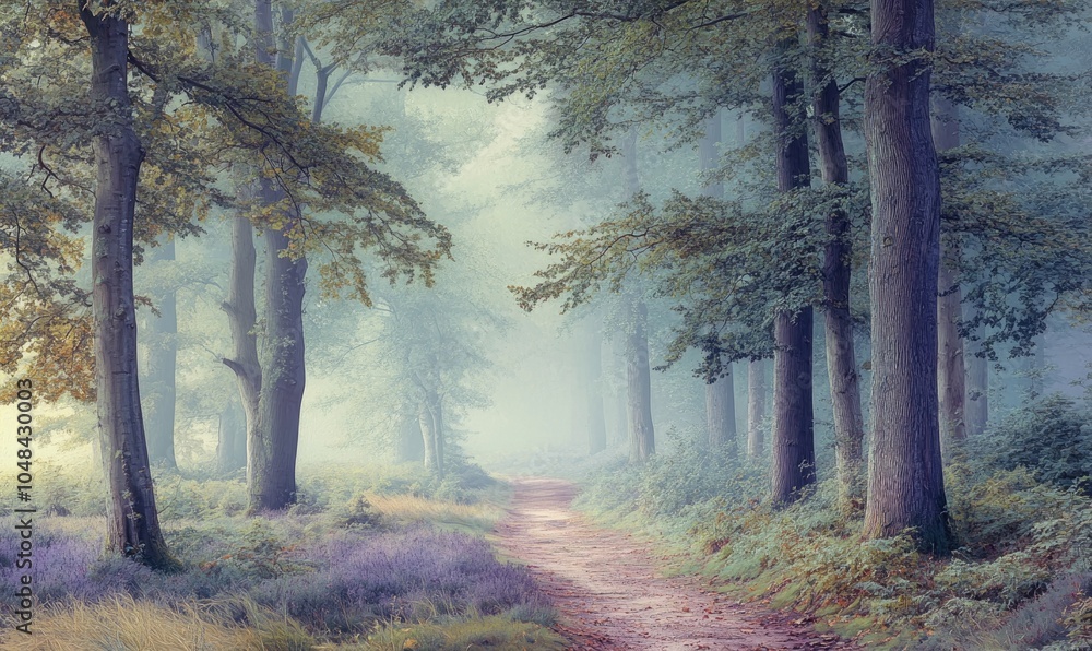 Poster a forest with a path through it