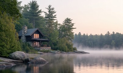Fototapeta premium A house with a large porch sits on a lake
