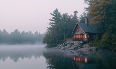 Fototapeta premium A cabin is on a lake with a foggy sky