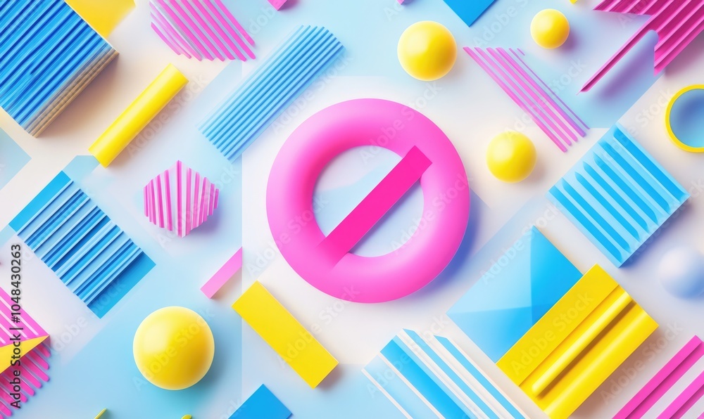 Poster a colorful background with a pink and yellow circle with a red line through it