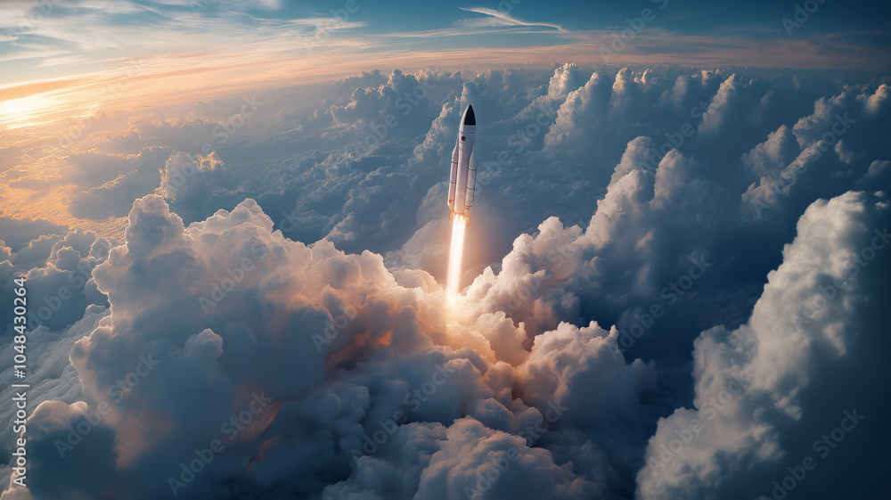 Poster rocket launches through clouds, creating stunning display of power and light