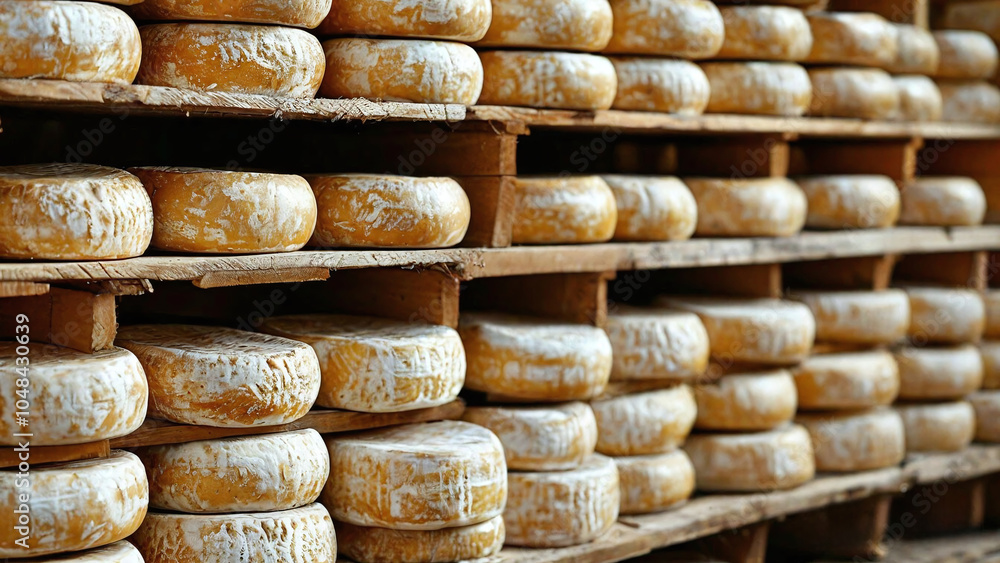 Poster wooden racks where round cheese heads are stored. the cheeses are arranged in several rows and have 