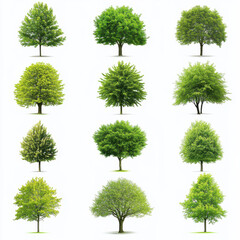 Lush green trees in various shapes and sizes create vibrant display of natures beauty. Each tree showcases unique foliage, contributing to serene and refreshing atmosphere