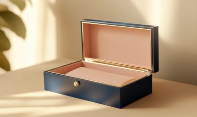 A blue box with a pink interior sits on a table