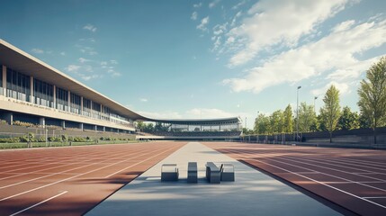Fototapeta premium A red running track with starting blocks in the foreground, a stadium in the background, under a clear blue sky.