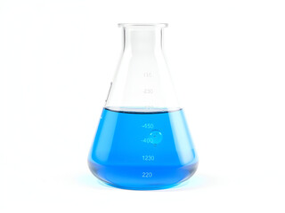Laboratory experiment featuring blue liquid in a glass flask on a white background during a science session