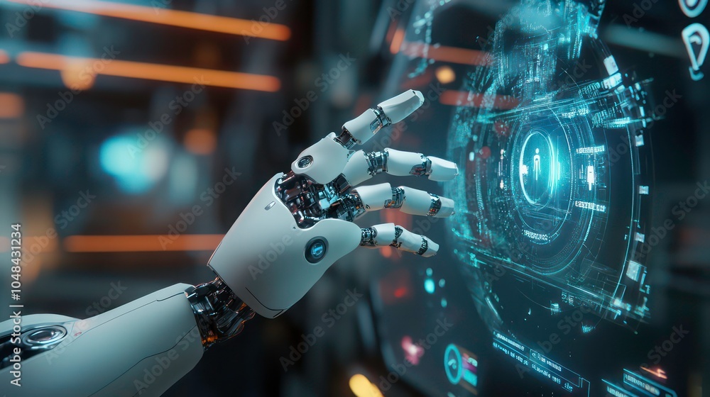 Aufkleber a robotic hand interacts with a futuristic holographic display.