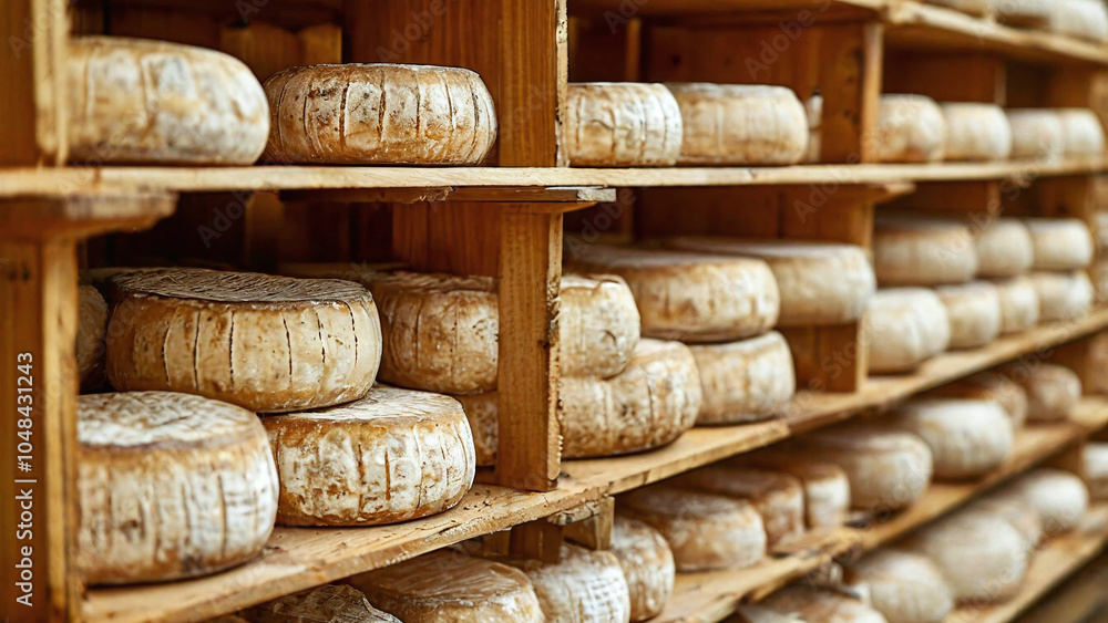 Poster wooden racks where round cheese heads are stored. the cheeses are arranged in several rows and have 