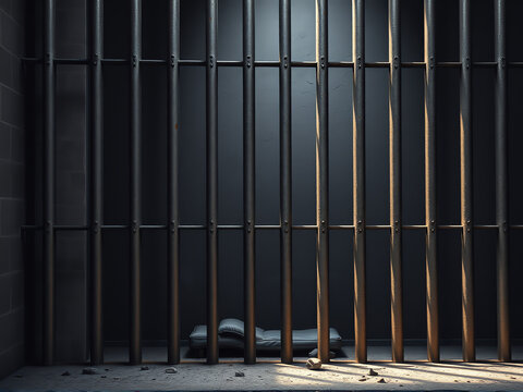 Empty prison cell with metal bars and a solitary mattress on the floor in dim lighting during the night