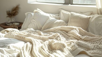 A minimalist bedroom featuring a chunky knit throw in a neutral cream color adding warmth and texture to the crisp white bedding.