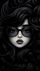 A woman with long hair and glasses. The woman is wearing a pair of sunglasses. The image is black and white