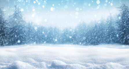 serene winter landscape featuring falling snowflakes and soft blanket of snow covering ground, creating peaceful and magical atmosphere