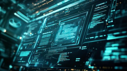 Abstract digital interface with glowing blue lines and code on a dark background.