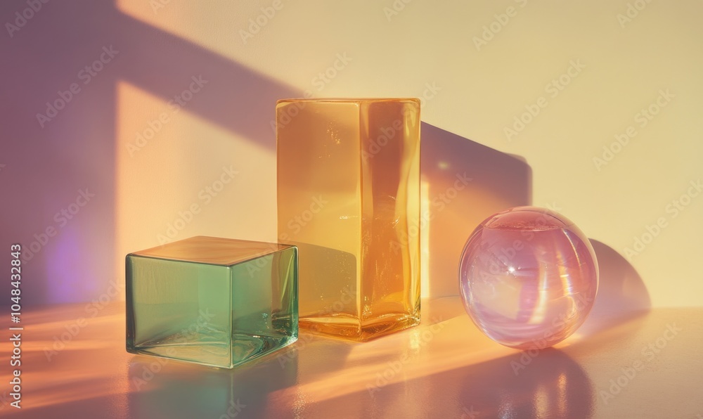 Poster three glass objects, including a cube and a sphere, are arranged on a table