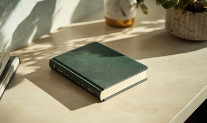 A green book with a gold embossed spine sits on a table