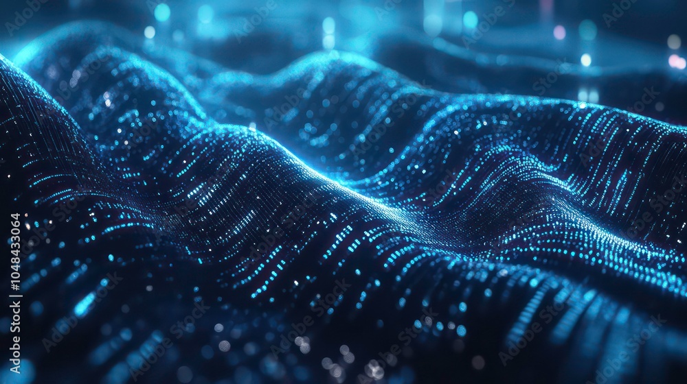 Poster abstract blue digital waves with glowing particles.