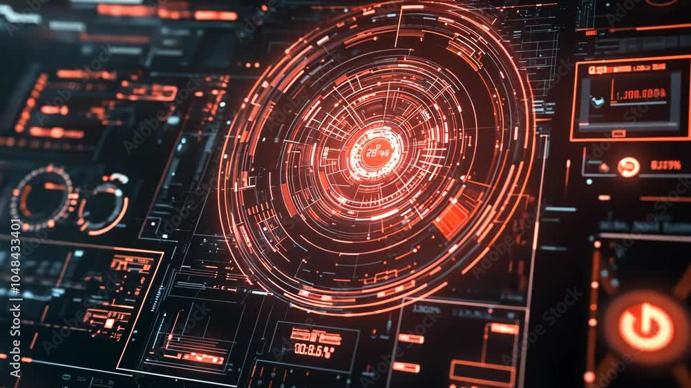 Poster a futuristic interface with red and orange digital displays shows a central circle pulsing with ligh