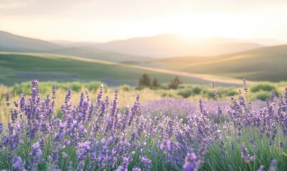 Obraz premium A field of purple flowers with a bright sun in the background