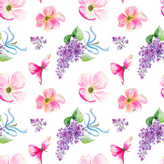 Seamless pattern.Watercolor illustration with beautiful pink dogwood flowers and lilac branches. Hand painted watercolor seamless spring pattern,seamless pattern with flowers.