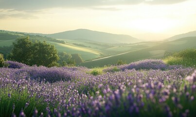 Fototapeta premium A field of purple flowers with a bright blue sky in the background