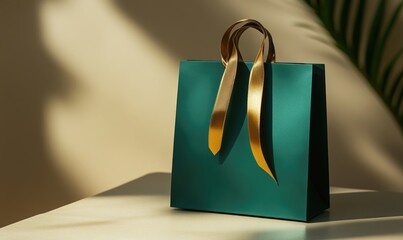 A green bag with gold ribbon tied to it