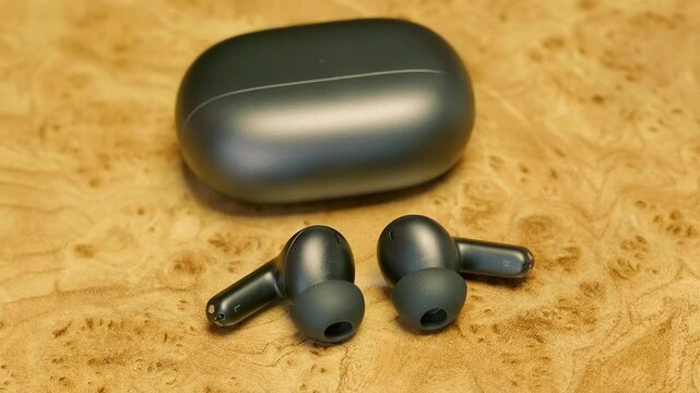 New modern high-tech earbuds with storage and charging case on glossy table. Closeup. Macro. Shallow depth of field. Shot in motion
