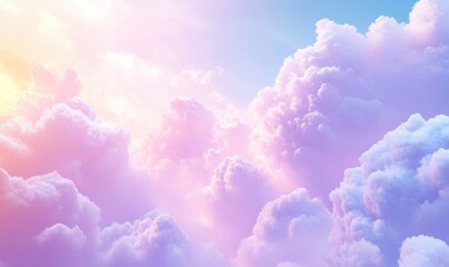 Fototapeta premium The sky is filled with fluffy white clouds and a bright pink sun