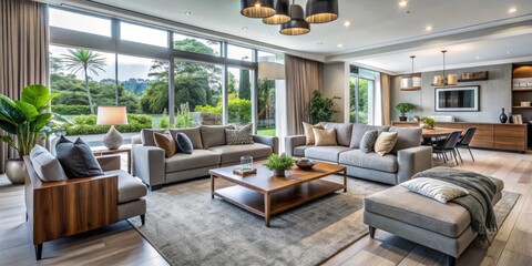 Fototapeta premium Aerial Photography of Stylish Modern Living Room Interior Design in Lounge Style with Contemporary Furniture, Elegant Decor, Open Space, and Natural Light