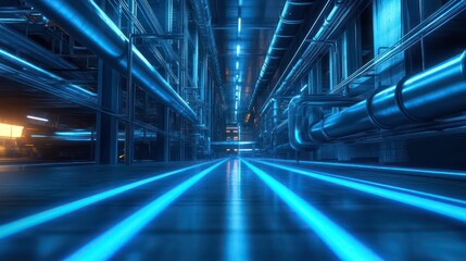 Fototapeta premium A long, narrow hallway in an industrial building with blue lights reflecting off the floor, creating a futuristic and modern atmosphere.