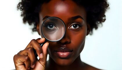 Black woman looking through magnifying glass