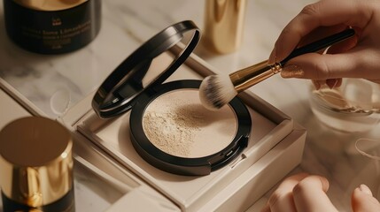 Realistic shot of a person applying powder with an elegant brush to their face