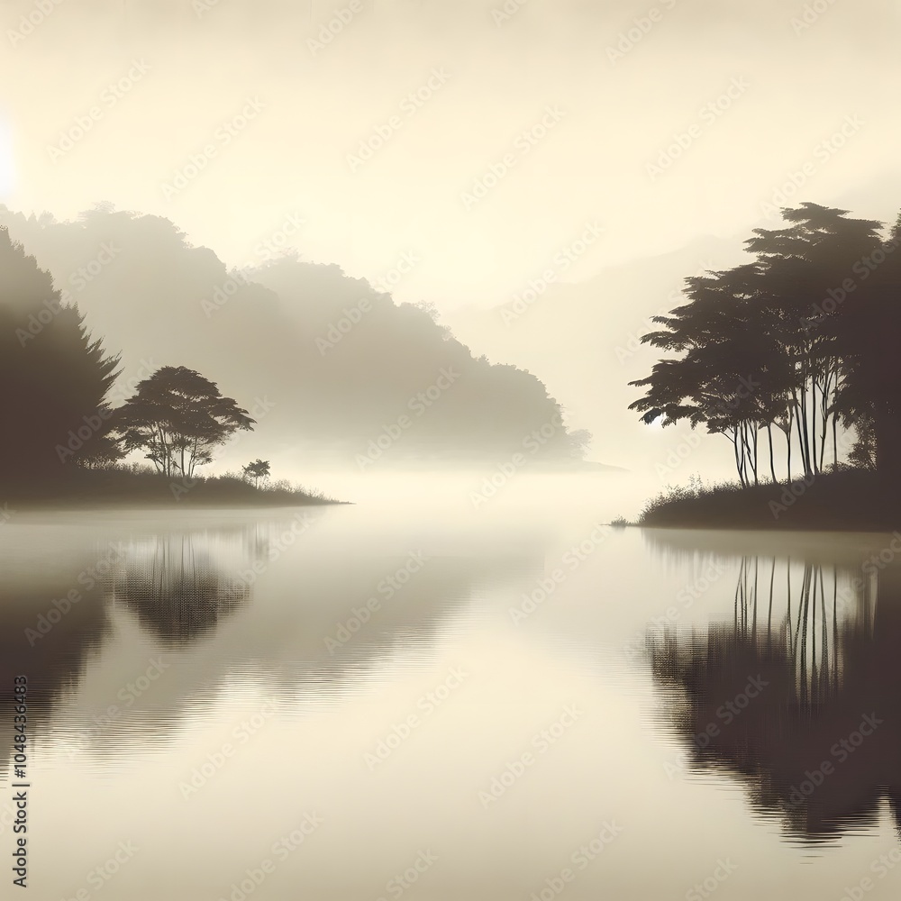 Poster pine trees on the bank of a lake in the mist generated by ai