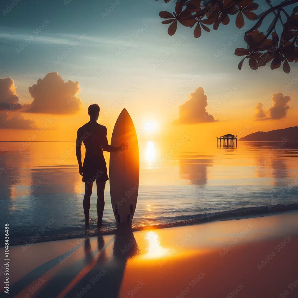 Poster surfer with a surfboard on the beach at sunrise. 3d rendering generated by ai