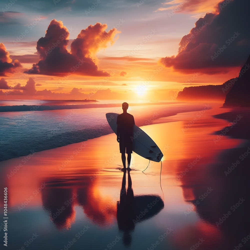 Poster surfer with a surfboard on the beach at sunrise. 3d rendering generated by ai