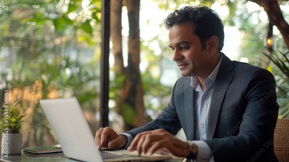 Poster a man is sitting at a table with a laptop in front of him