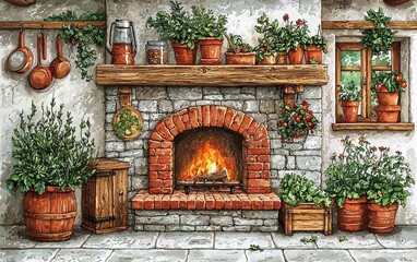 Rustic Fireplace with Plants and Cozy Atmosphere