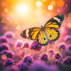 Obraz premium Beautiful butterfly on pink flowers with bokeh background, nature background generated by AI