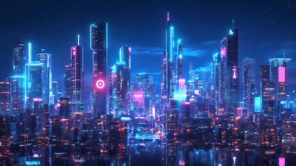 Fototapeta premium A futuristic cityscape with neon lights and glowing skyscrapers against a dark night sky.