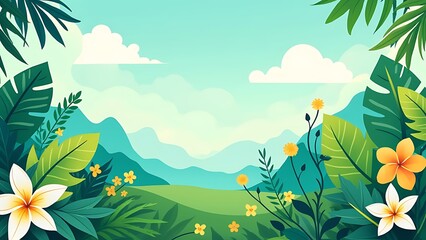 Obraz premium Illustration in trendy flat simple style - spring and summer background with copy space for text - landscape with plants, leaves, flowers - background for banner, greeting card, poster