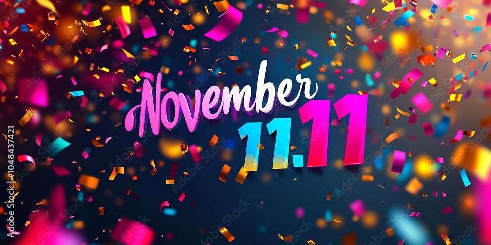 Poster a 3d text design for the sale on november 11th. it uses colorful confetti to create a fun and exciti