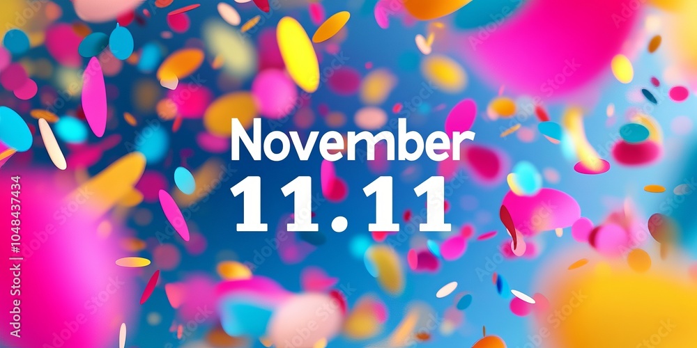 Poster a 3d text design for the sale on november 11th. it uses colorful confetti to create a fun and exciti