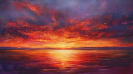 A vibrant twilight sky with a rich blend of orange, red, and purple tones, reflecting on the calm waters below