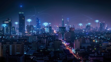 Obraz premium city ​​view with tall buildings and network as a symbol of communication
