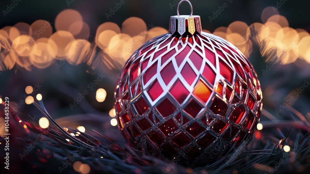 Poster a fancy ornament in vibrant red and silver, with detailed geometric patterns and a soft glow, positi