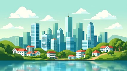 Fototapeta premium Illustration in simple minimal geometric flat style - city landscape with buildings, hills and trees - abstract horizontal banner and background with copy space for text - header images for web