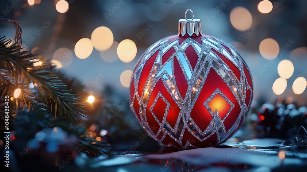 Poster a fancy ornament in vibrant red and silver, with detailed geometric patterns and a soft glow, positi